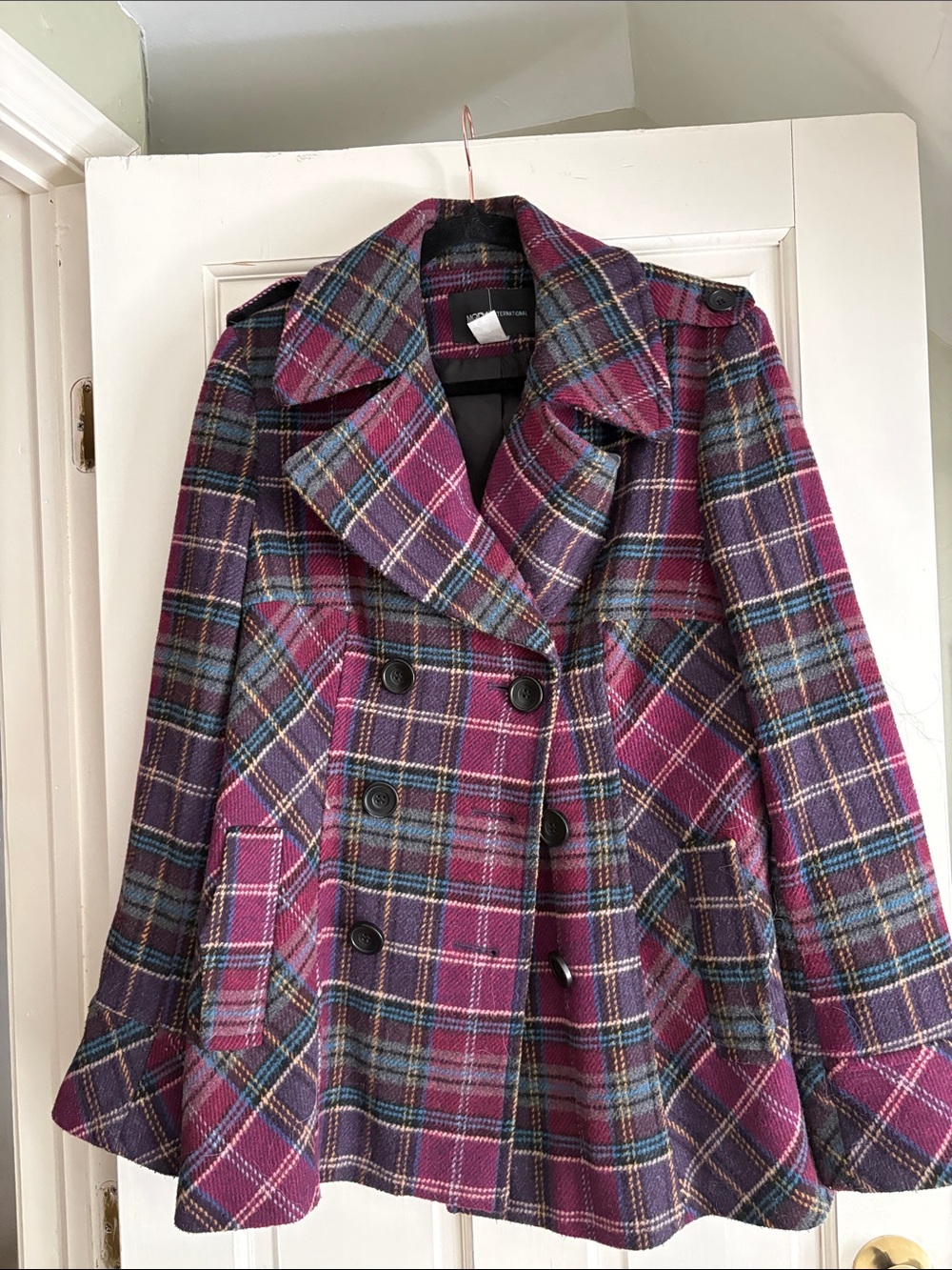 Moda International Magenta and Purple Plaid Double-Breasted Peacoat